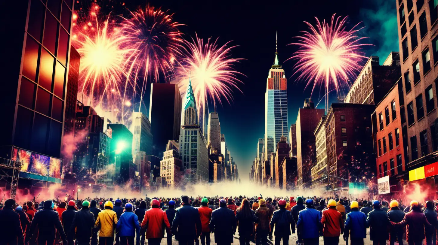 Manhattan street in the future, 7 Terminators and 8 people, festive friendly atmosphere, New Year's Eve fireworks, all over the sky, colorful, jubilant, breathtaking, dynamic, high contrast,
