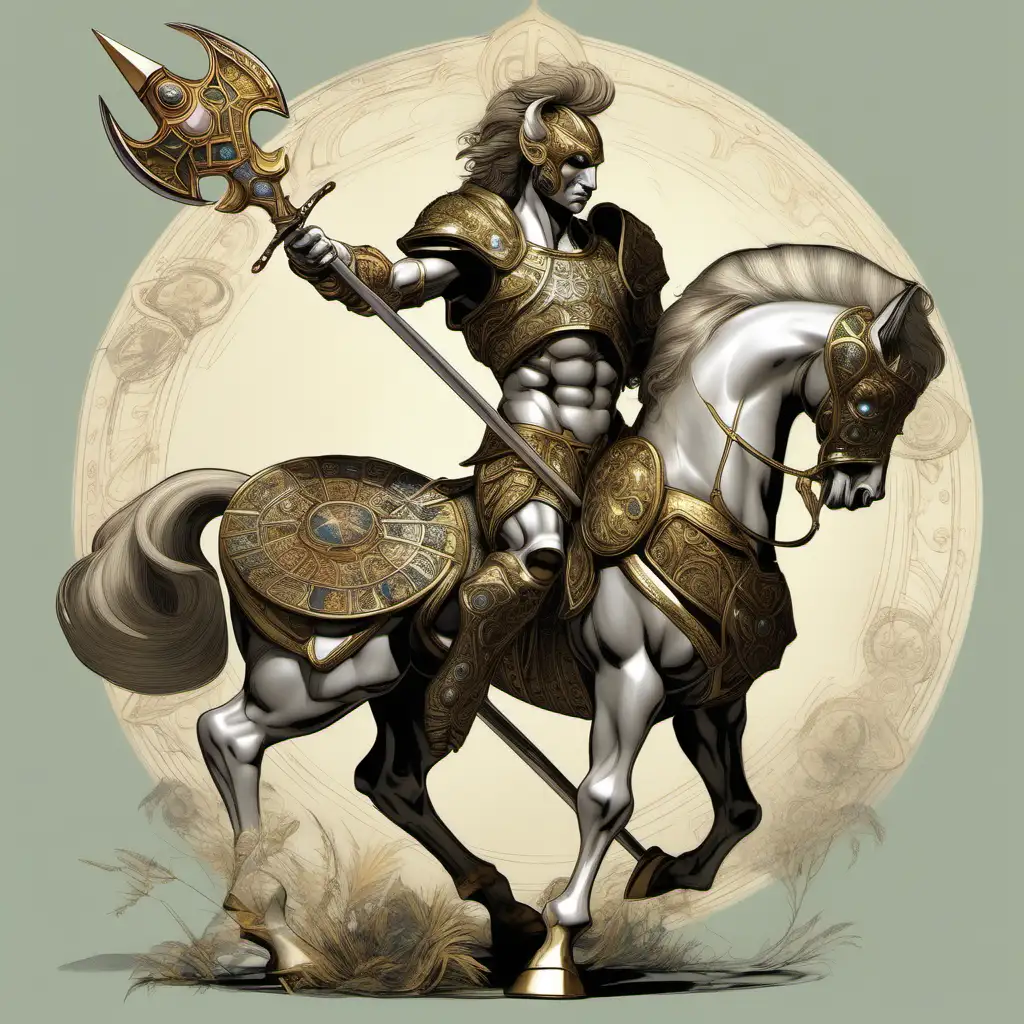 possesses the lower body of a centaur with a powerful human torso. Dressed in regal centaur armor adorned with clan symbols, his eyes gleam with wisdom and strength. wields a formidable double-headed spear.