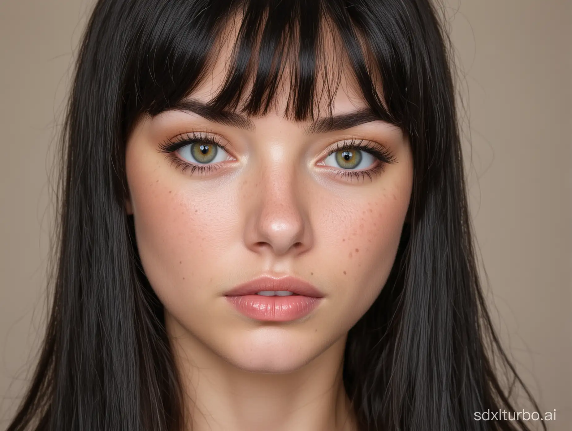Portrait photo of a 24-year-old woman with hazel green eyes, with very black long straight hair and bangs, with freckles, with a small nose, with white and beautiful skin, with thick lips, with delicate features, with dimples on her cheeks, with long eyelashes