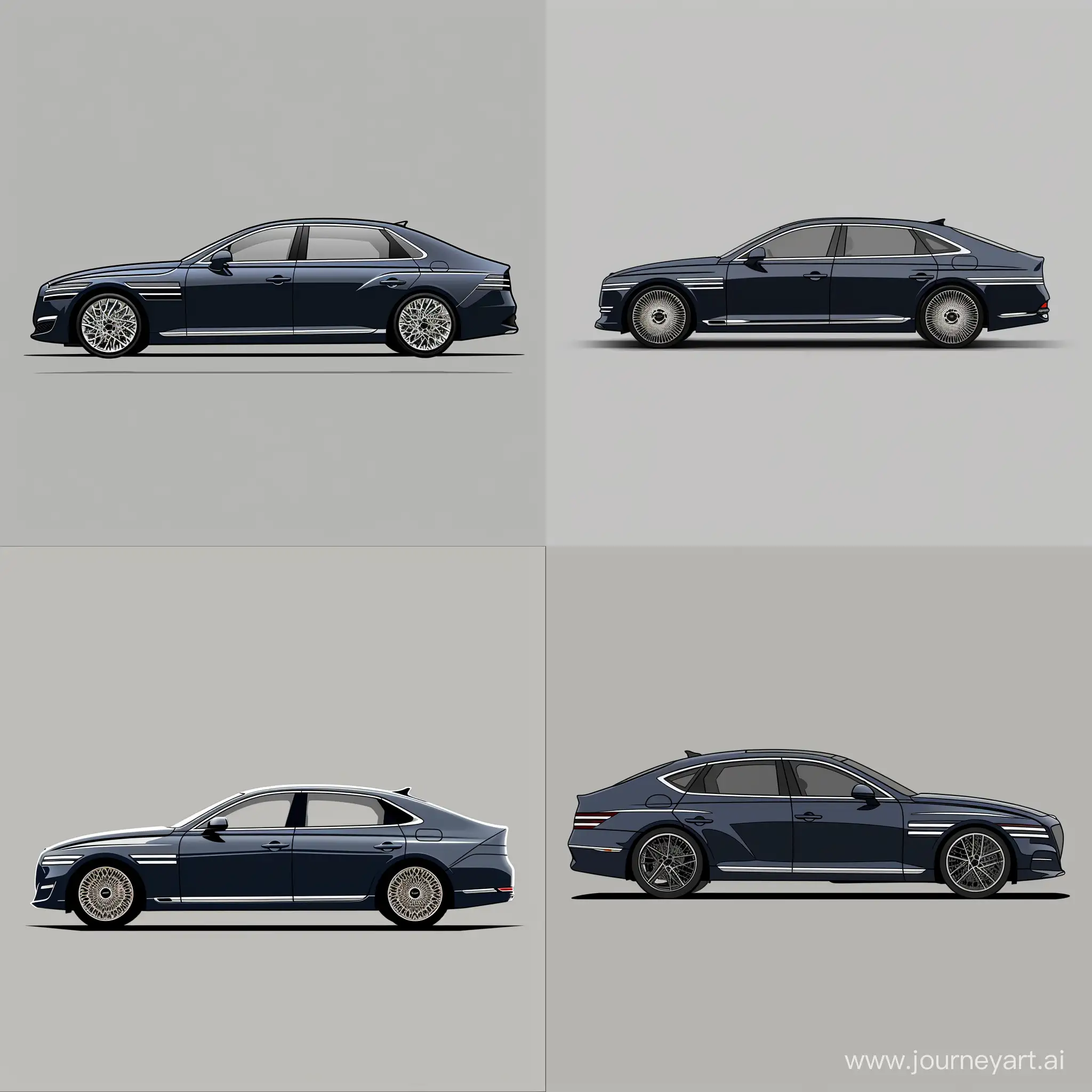 Minimalism 2D Illustration Car of Oblique View, Genesis G90: Navy Blue Body Color, Simple Gray Background, Adobe Illustrator Software, High Precision --v 6.0 --s 100