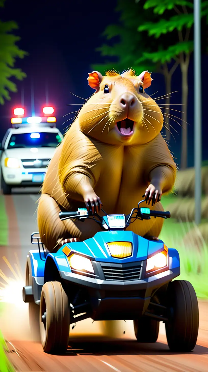 capybara driving a 4-wheeler. being chased by a police car with its lights lit up