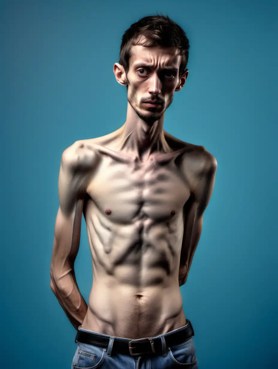 A hyper realistic photo of a very skinny sad man with his shirt off in a clear or blue like background 