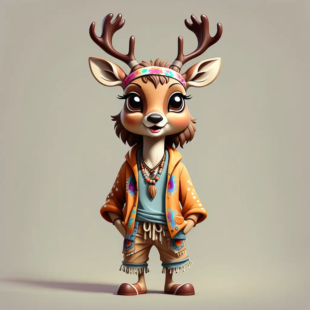 a cute deer in full body cartoon style with Hippie clothes with clear background