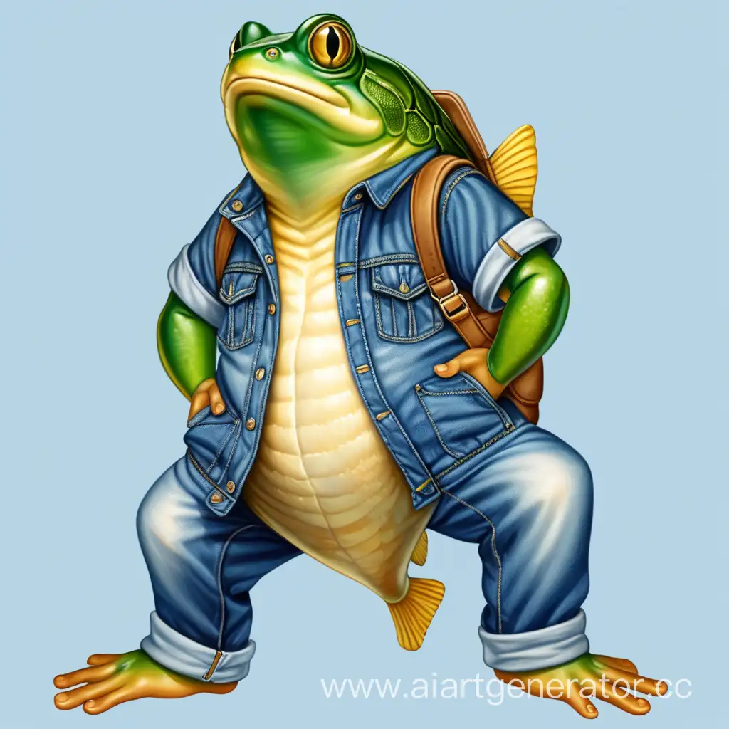 A good-natured Croaker. Blue denim jumpsuit, Green Frogsl