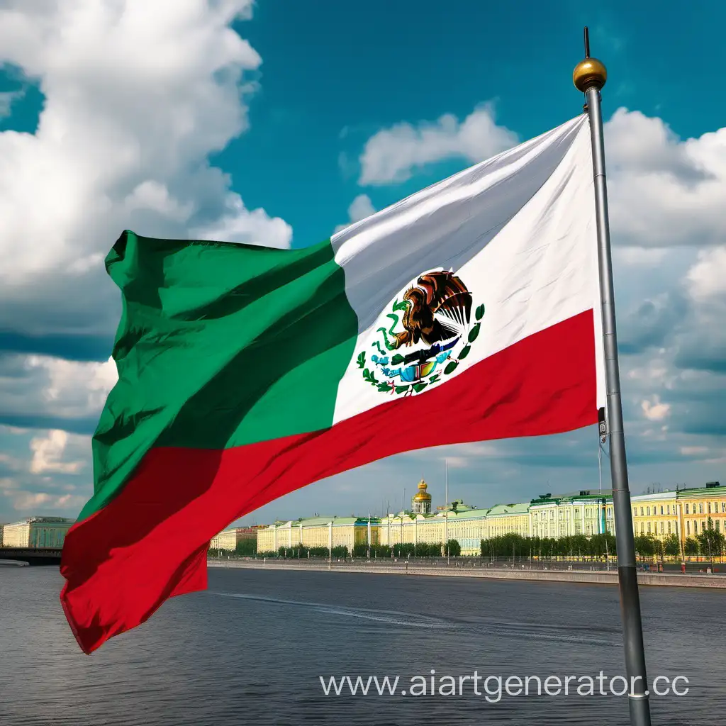 флаг мексики в санкт петербурге на фоне невы рассеяный в облаках
