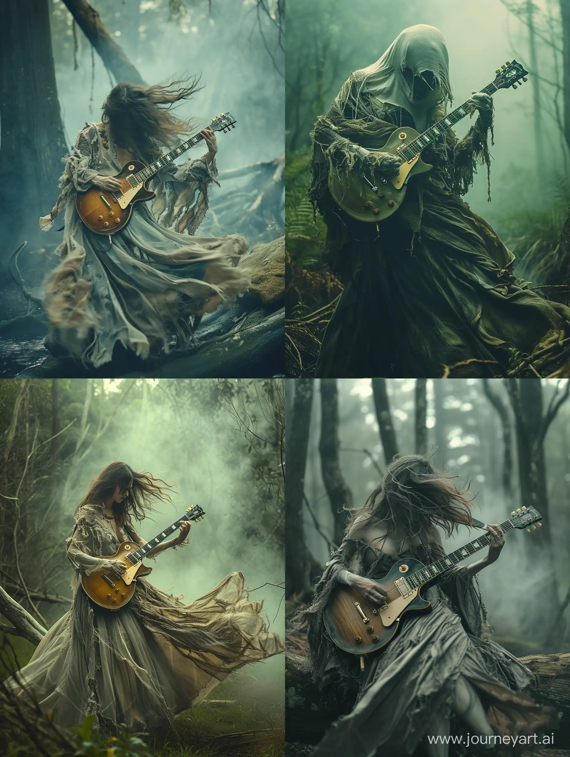 Ephemeral, ghostly apparitions of a beautiful spectral woman, dressed in flowing, tattered garments playing a guitar Gibson Les Paul Custom in a creepy misty forest, attention to detail, taken on provia 