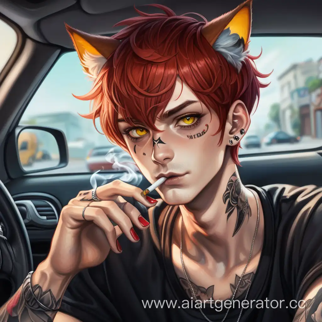 A young guy with cat ears, red short hair, yellow eyes, in a car, a tattoo on his entire neck, smoking a cigarette