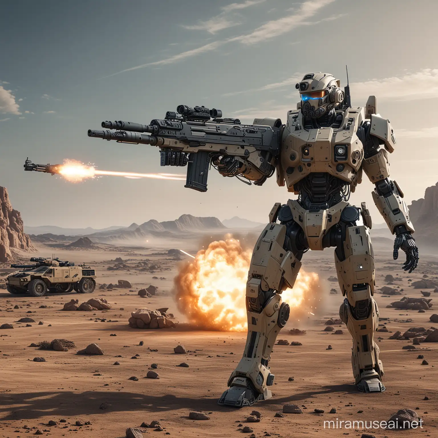 An AI-powered weapon system on a battleground aiming for the target to eliminate.  The image depicts a near future.