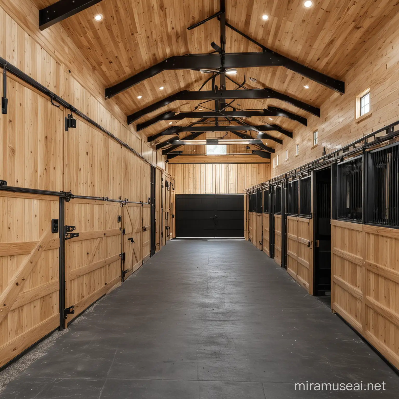 horse barn. These horses benefit from stables that encourage social interaction with other horses. Stables may be larger and may include shared turnout areas or paddocks where horses can interact and socialize with each other. luxury. oak wood. black hardware.