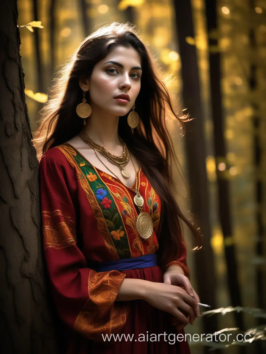 Balkan-Beauty-Captivating-Woman-in-Traditional-Folk-Dress-Amidst-Lush-Forest