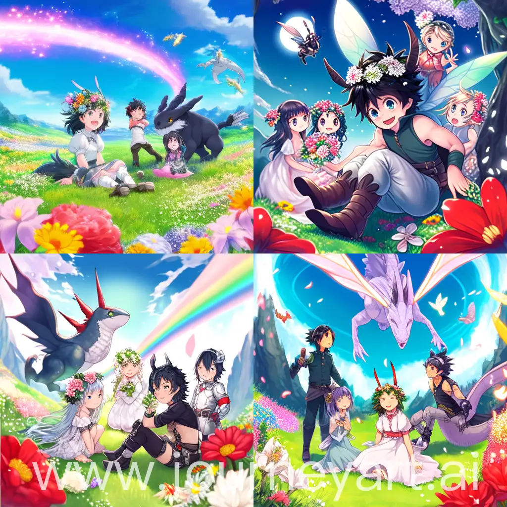 Anime style white skinned fairy sitting in, dandelion field, white skin black hair man with unicorn horn putting a flower crown on her, a black hair fair skin boy with dragon horns and red dragon tail, and a black hair fair skin little girl in witch outfit