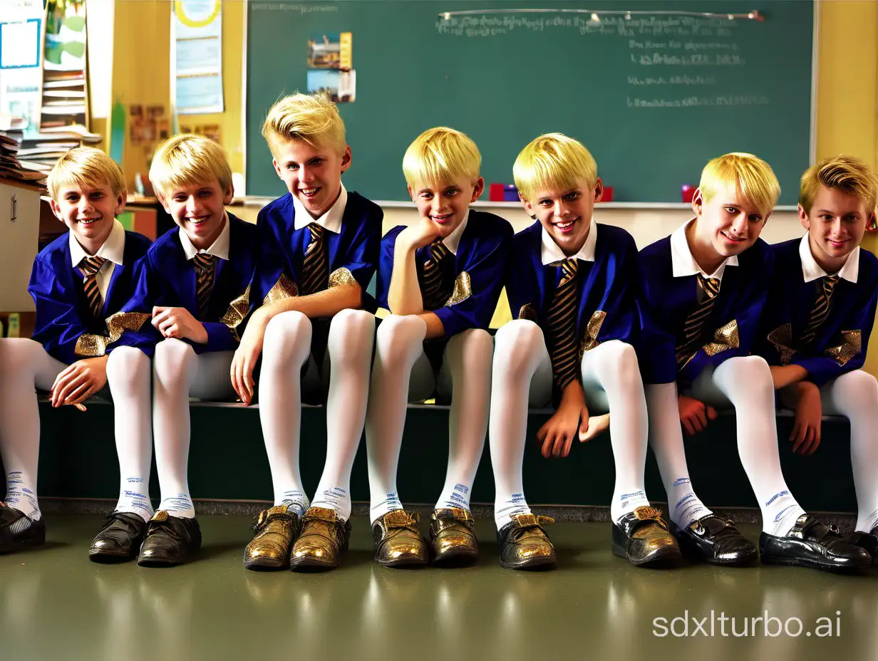 blonde boys sit in a classroom, (sheer pantyhose:1.6), (socks: 1.4), (shorts:1.3), (shoes: 1.2), smiling faces