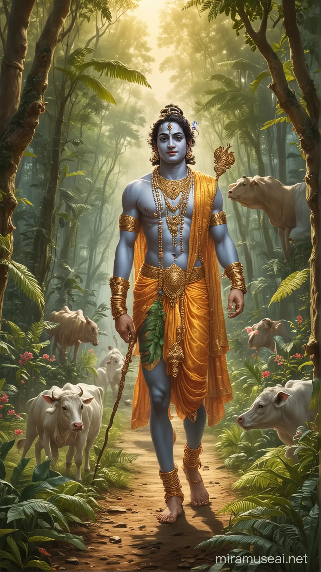 Lord krishna walking on a jungle with small cow  