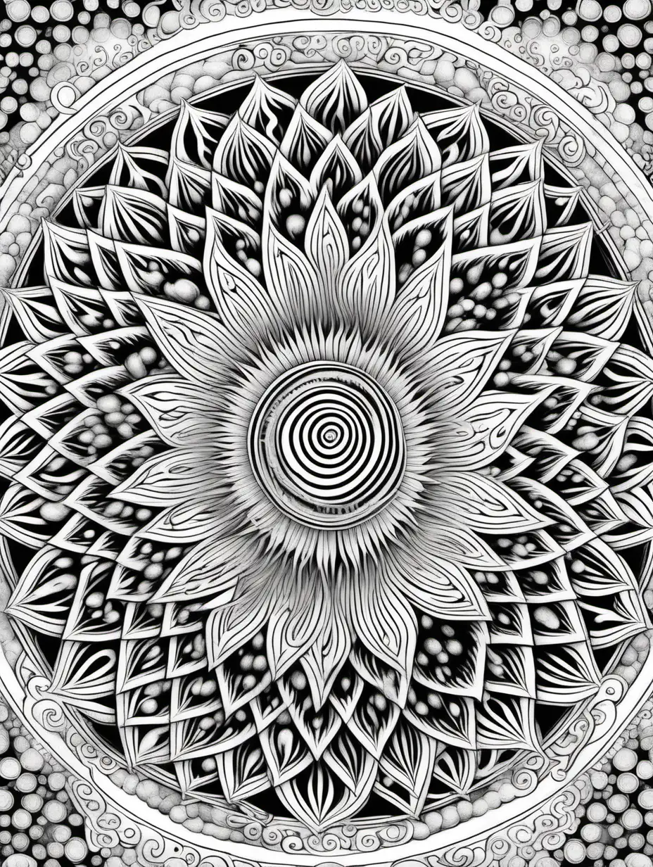 Black and white full page pattern, colouring page, adult, full page, no border, Illustration,mandala where  fire, water, earth, and air converge in a mesmerizing spiral.
