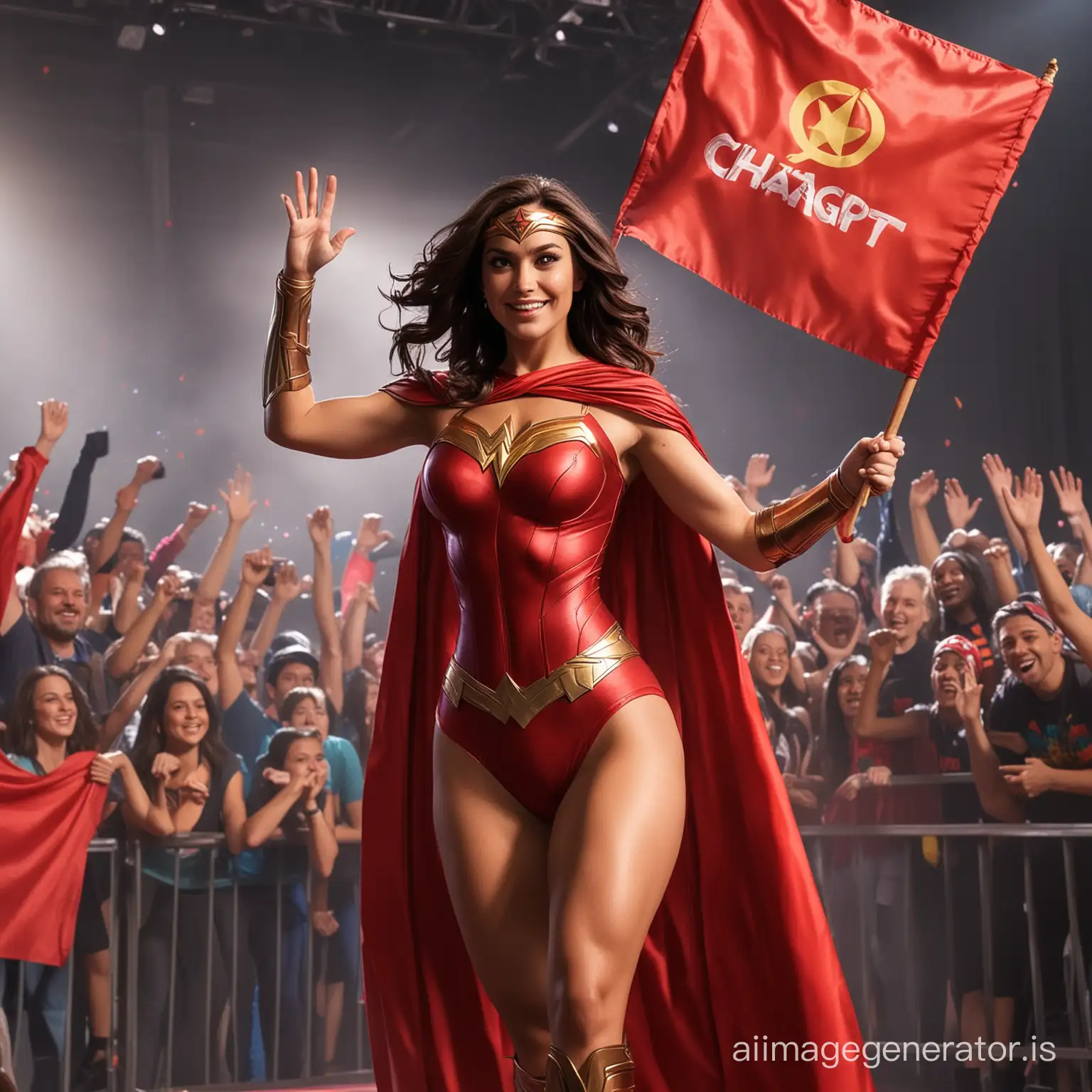 A superheroine in a brightly colored costume with "ChatGPT" symbols stands on the stage. Her beautiful, powerful movements attract the crowd's attention. She is waving a red flag with the name "ChatGPT" on it. Her eyes glow with determination and enthusiasm, and her face expresses confidence and willingness to help anyone who needs support. The crowd applauds enthusiastically and expresses their gratitude to the superheroine for her wisdom and power.