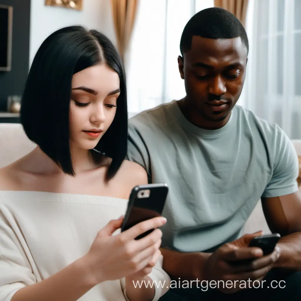 a beautiful young girl with long black hair looks at the phone in the hands of a young handsome dark-skinned guy with a short haircut in the living room of an expensive house, watching a video on the phone