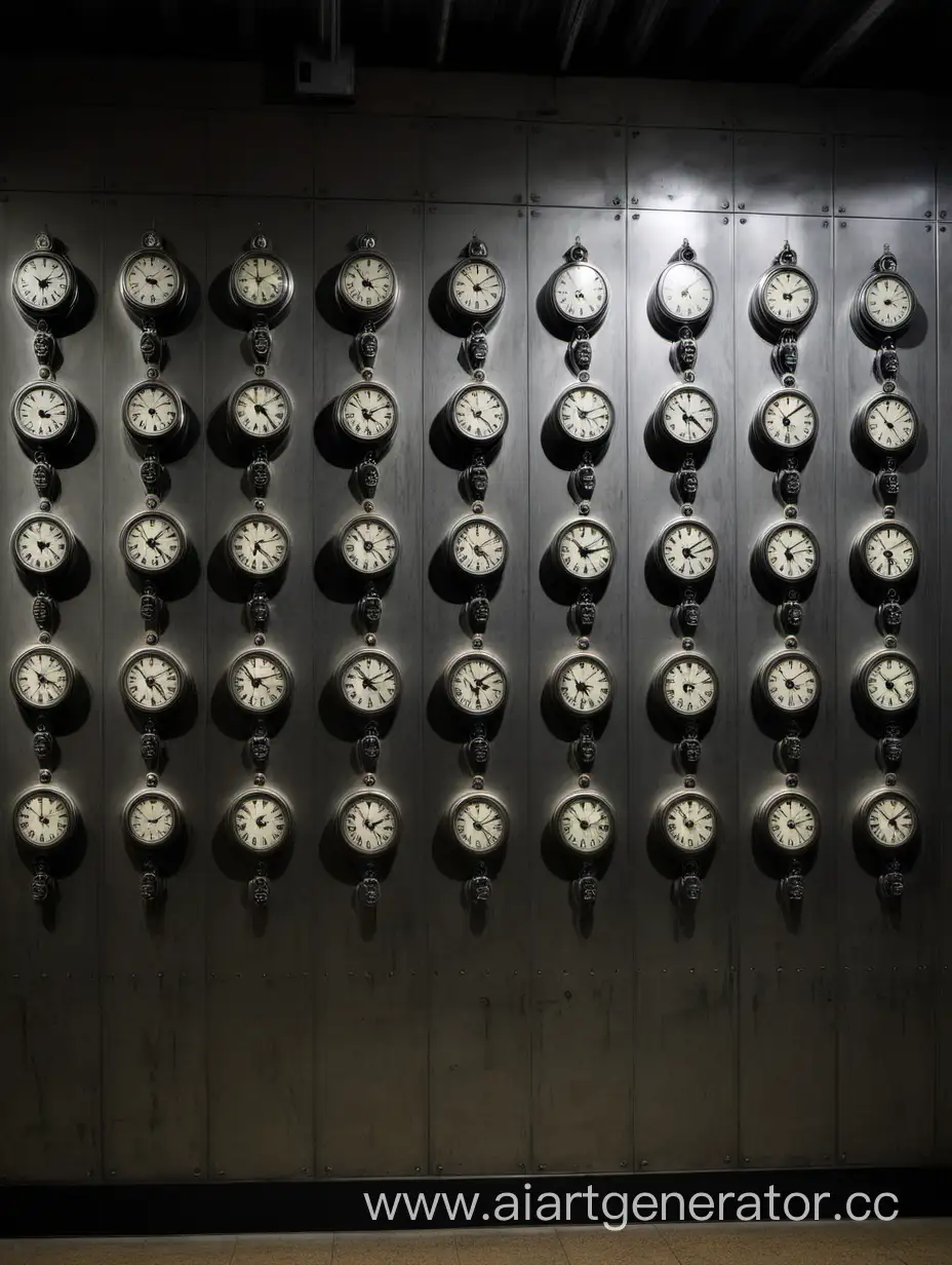 Intricate-Wall-of-Steel-Clocks-with-Locks-Codes-and-Safes