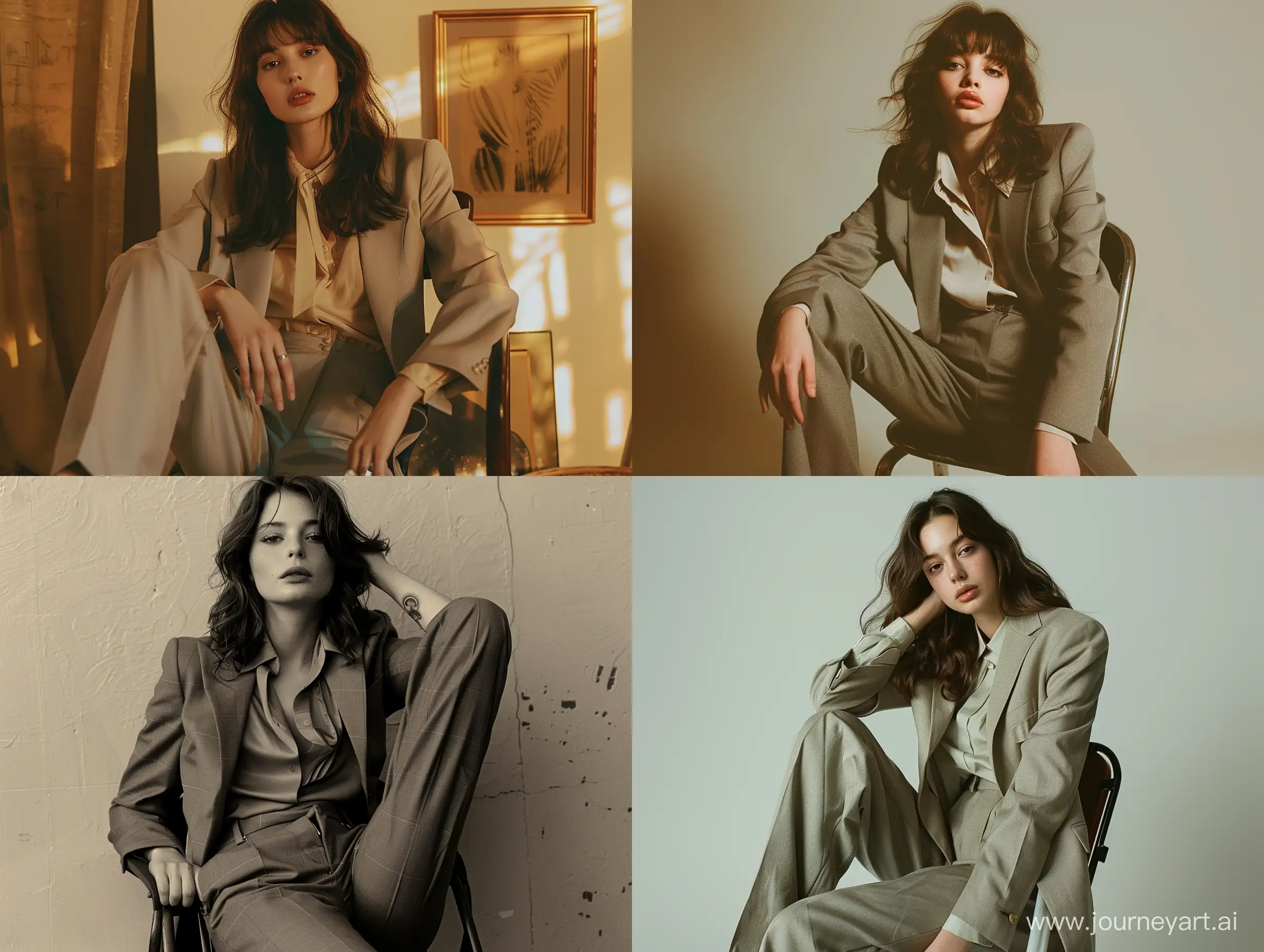 High resolution fashion photo of brunette girl, full body shot, wearing a suit pants and simple blouse,sit on chair, super casual, everyday attire, in the style of jennie, mysterious nocturnal scenes, mischievous motif, album covers, flickr