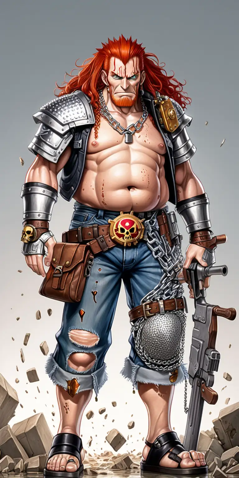 tall, short red haired middle aged cyborg with an alcoholic belly, has chain mail embedded on his skin, wields warhammer on his hand, rifle on his back, pistol on his belt, flood ripped jeans under his knee, one piece anime drawing style.