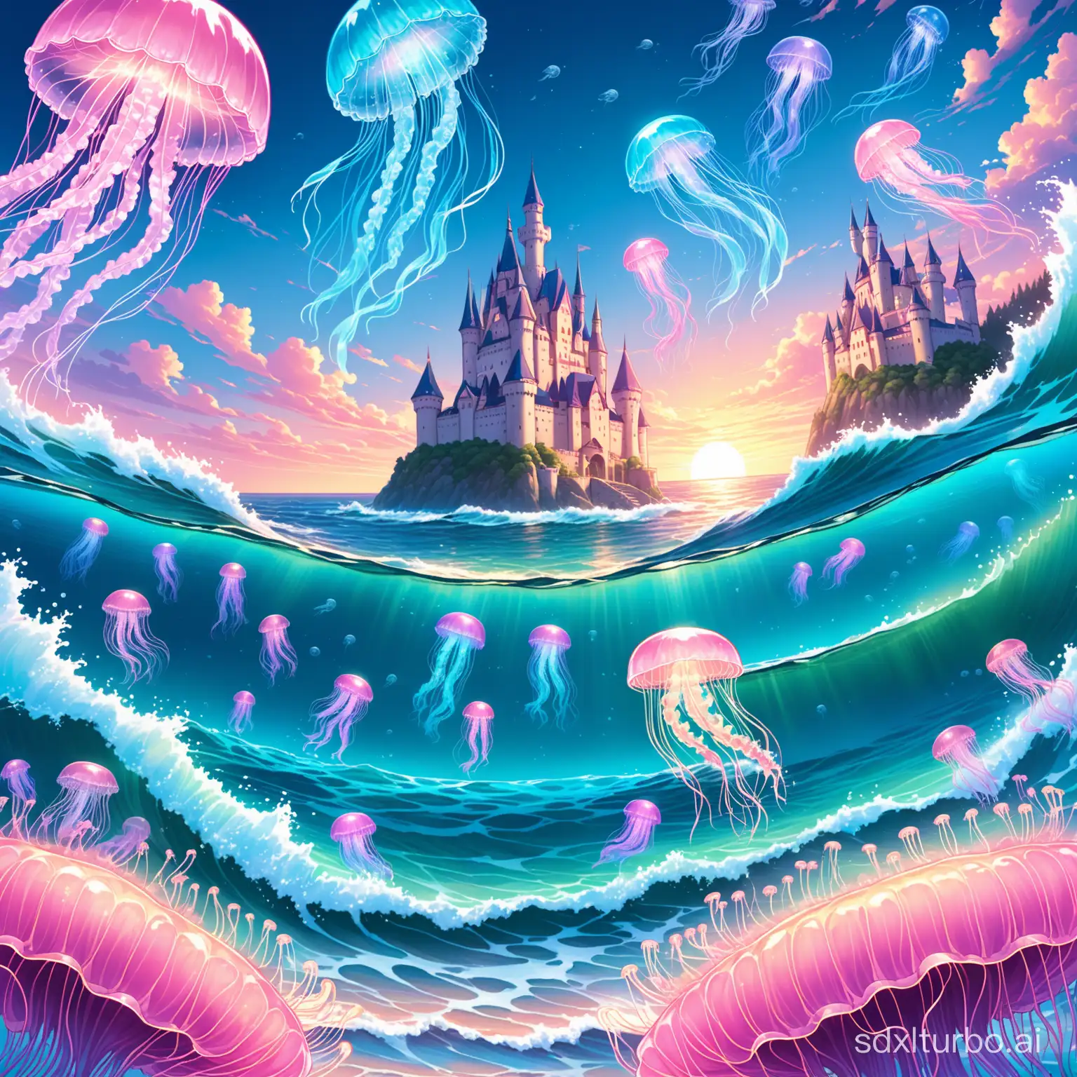 Ocean, (blue, waves) (jellyfish, pink), castle
