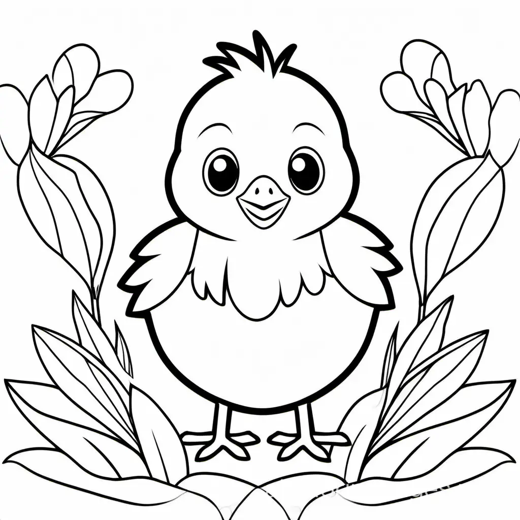 cute baby CHICK

coloring page for kids, Coloring Page, black and white, line art, white background, Simplicity, Ample White Space. The background of the coloring page is plain white to make it easy for young children to color within the lines. The outlines of all the subjects are easy to distinguish, making it simple for kids to color without too much difficulty