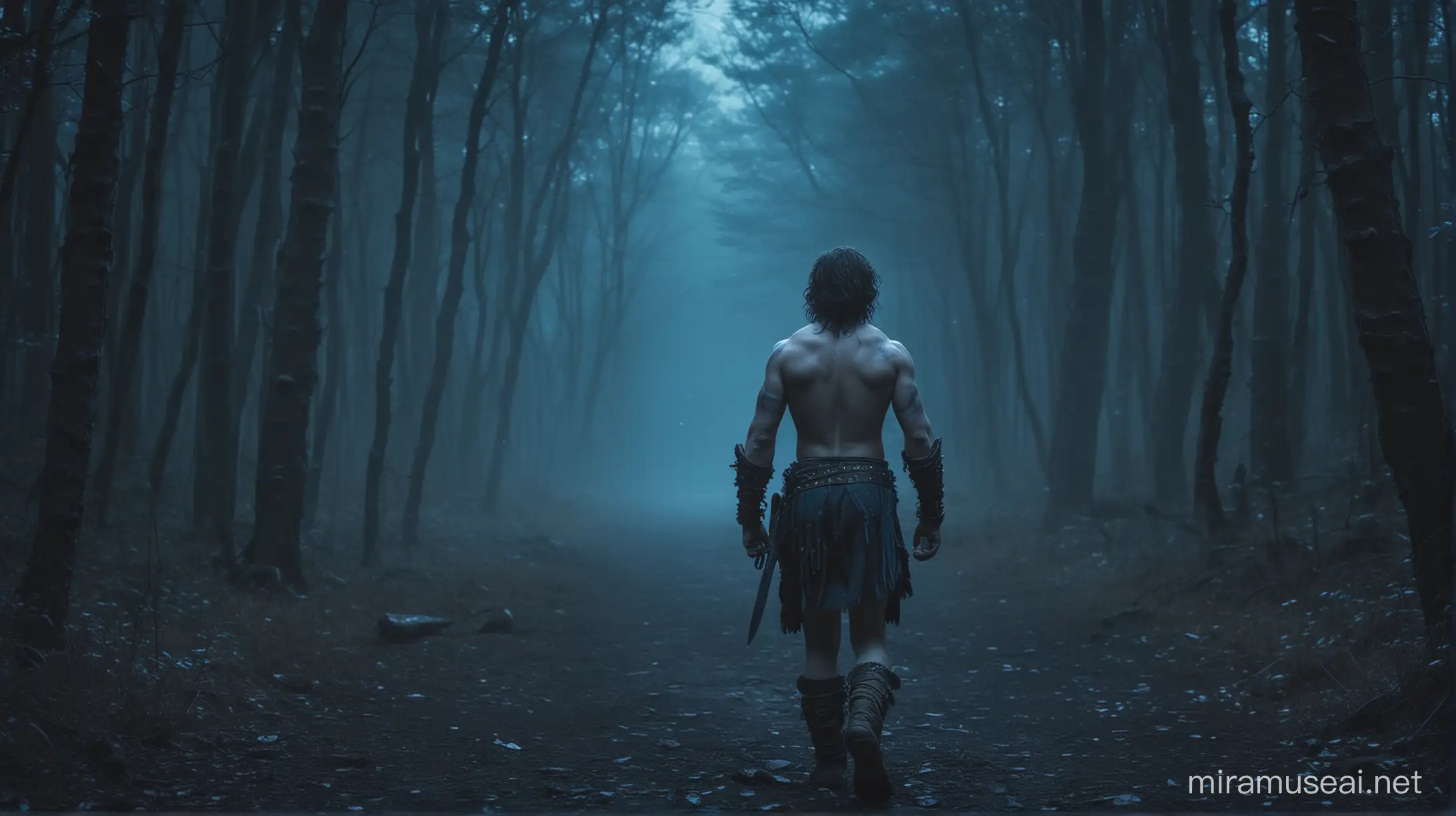 Young boy teen sexy barbarian walking  in the middle of a forest at night with blue colors ambient
