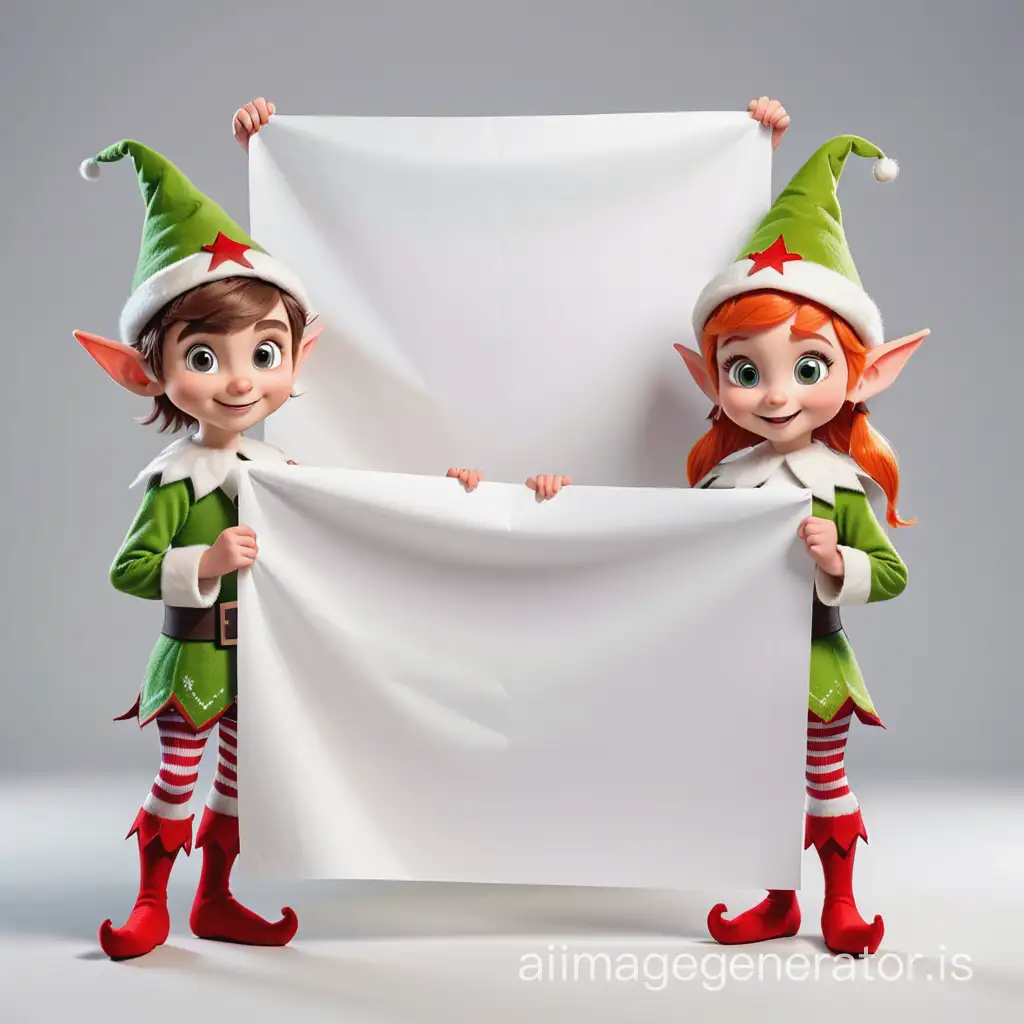 two cartoon elfs hold a sheet of white paper in hands