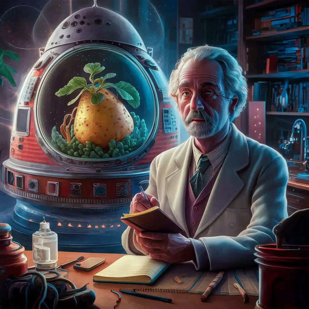 Профессор в лаборатории сидит пишет , на фоне его космическая капсула с космической картошкой 