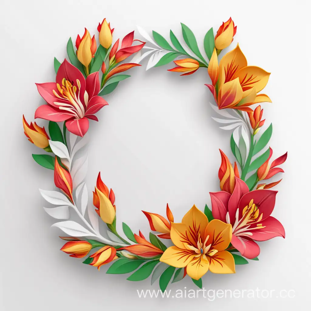 simple icon of a 3D flame border bouquets floral wreath frame, made of border bright Alstroemerias flowers. white background.