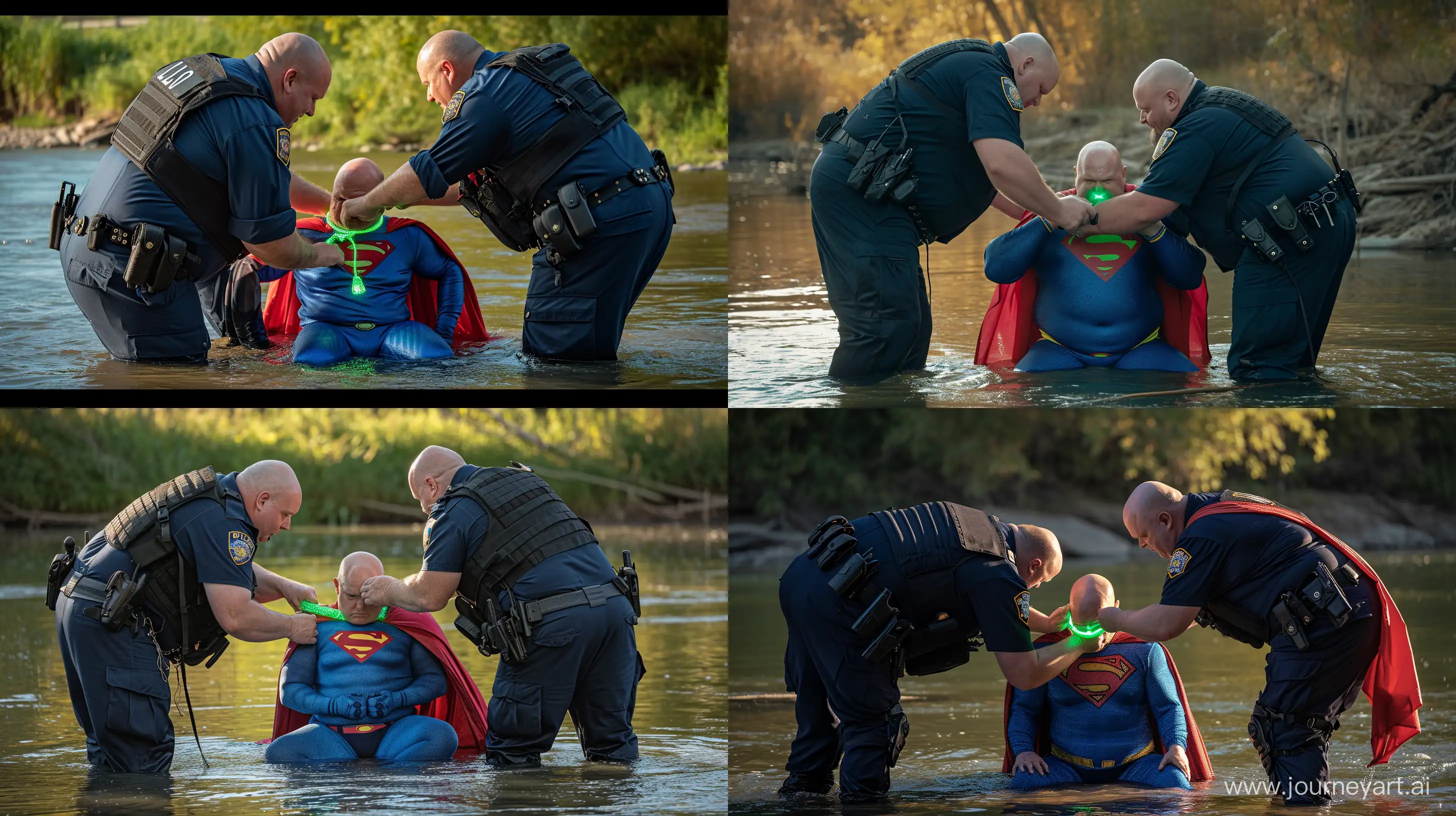 Back view photo of two chubby man aged 60 wearing a silky navy tactical police uniform, bending and tightening a green glowing small short dog collar on the neck of another chubby man aged 60 sitting in the water and wearing a tight blue silky superman costume with a large red cape. River. Outside. Natural light. Bald. Clean Shaven. --style raw --ar 16:9 --v 6