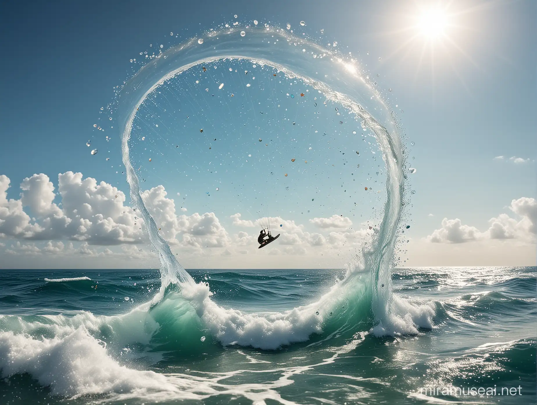 make a background where the sea meets the sky with lots of water splash, and there is a floating glass can with a detergent beads inside it, floating in the center of it with splash around them. add sea creatures on the sea and people surfing and paragliding on top of the ocean and the sky
