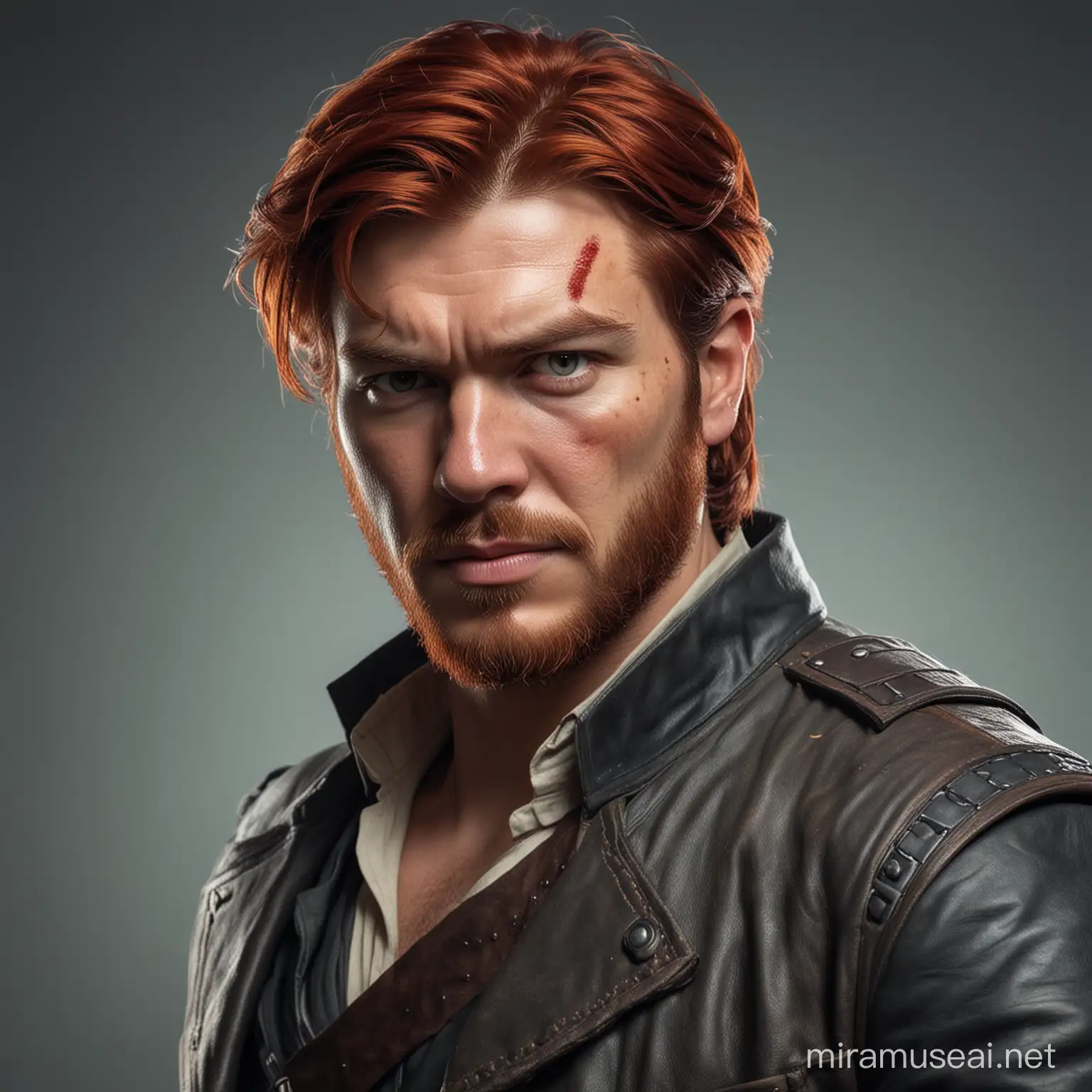 Rugged RedHaired Space Cowboy with a Scar Portrait of a Han SoloInspired Gunfighter