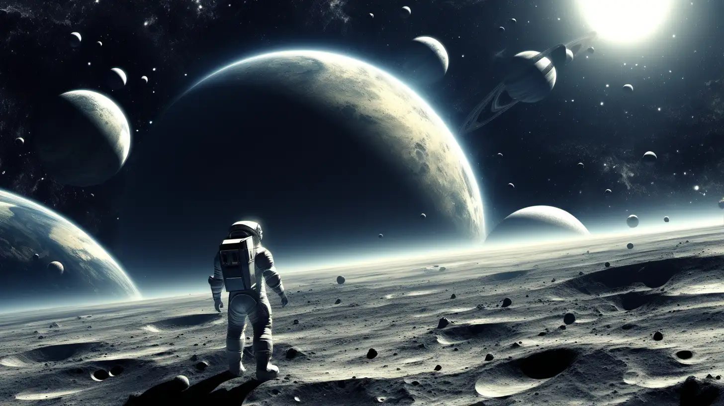 Celestial Explorer Admiring Planets on the Moon Surface