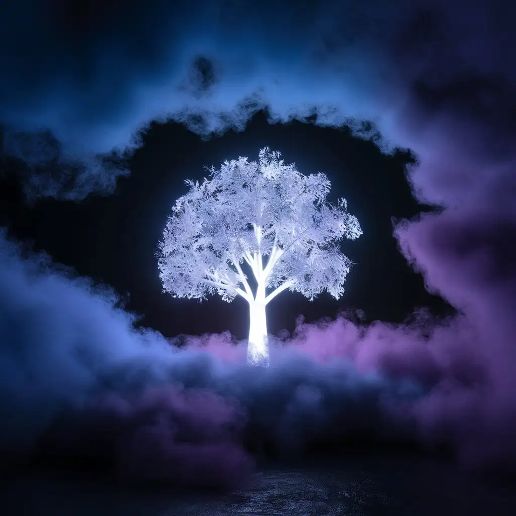 Mystical-Neon-Tree-Amidst-Colorful-Fog-on-Dark-Background