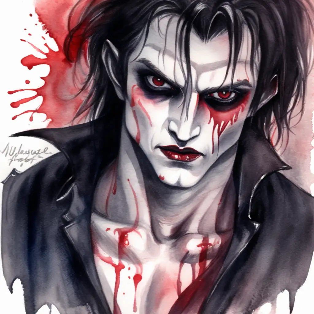 ragged young blood thirty vampire, dark watercolor drawing, no background