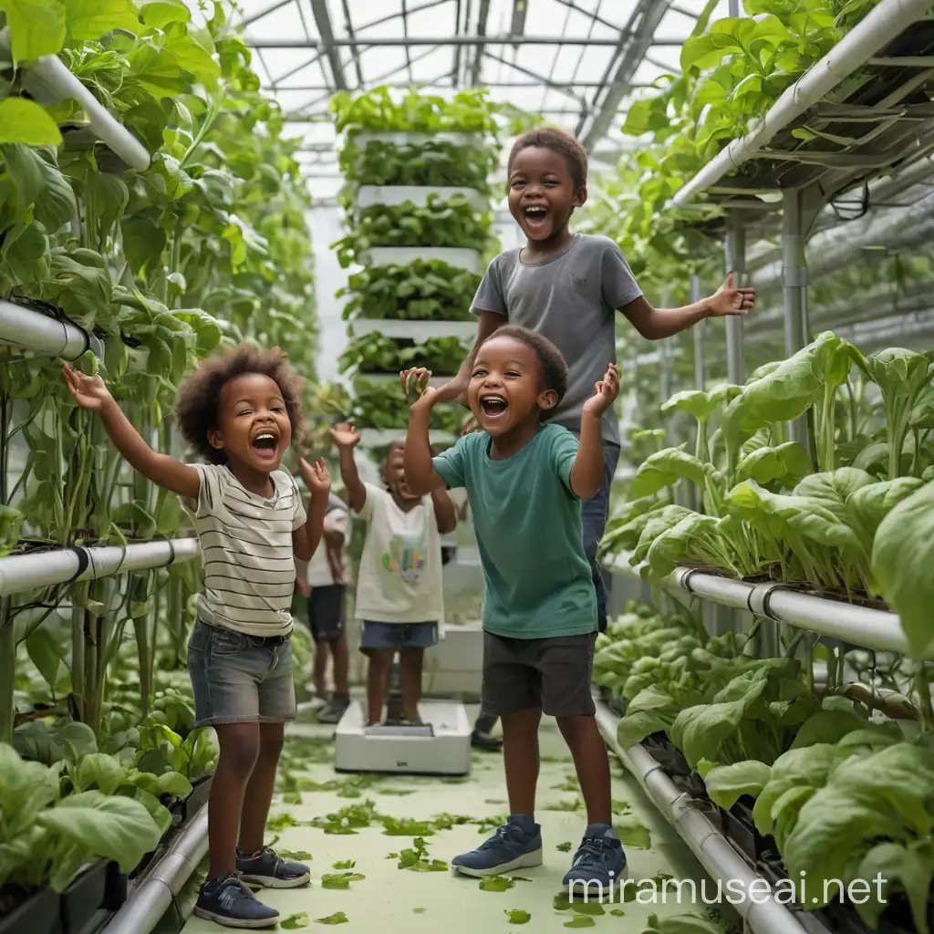 Vegetables growing in vertical farming hydroponic system and African children rejoicing in front of them
