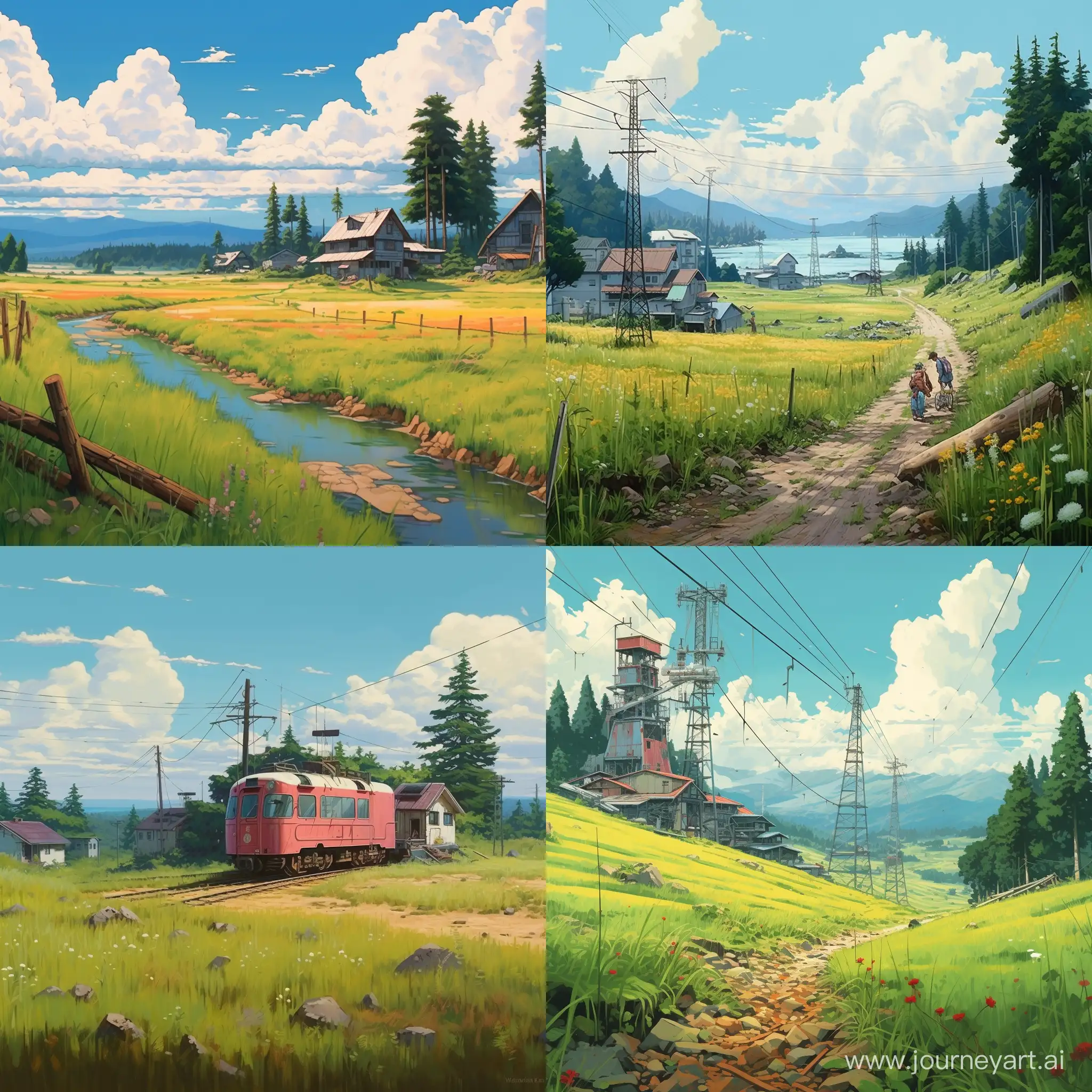 lanscape, japan countryside,, anime style, vibrant, realistic, by Akira Teresawa and simon stalenhag