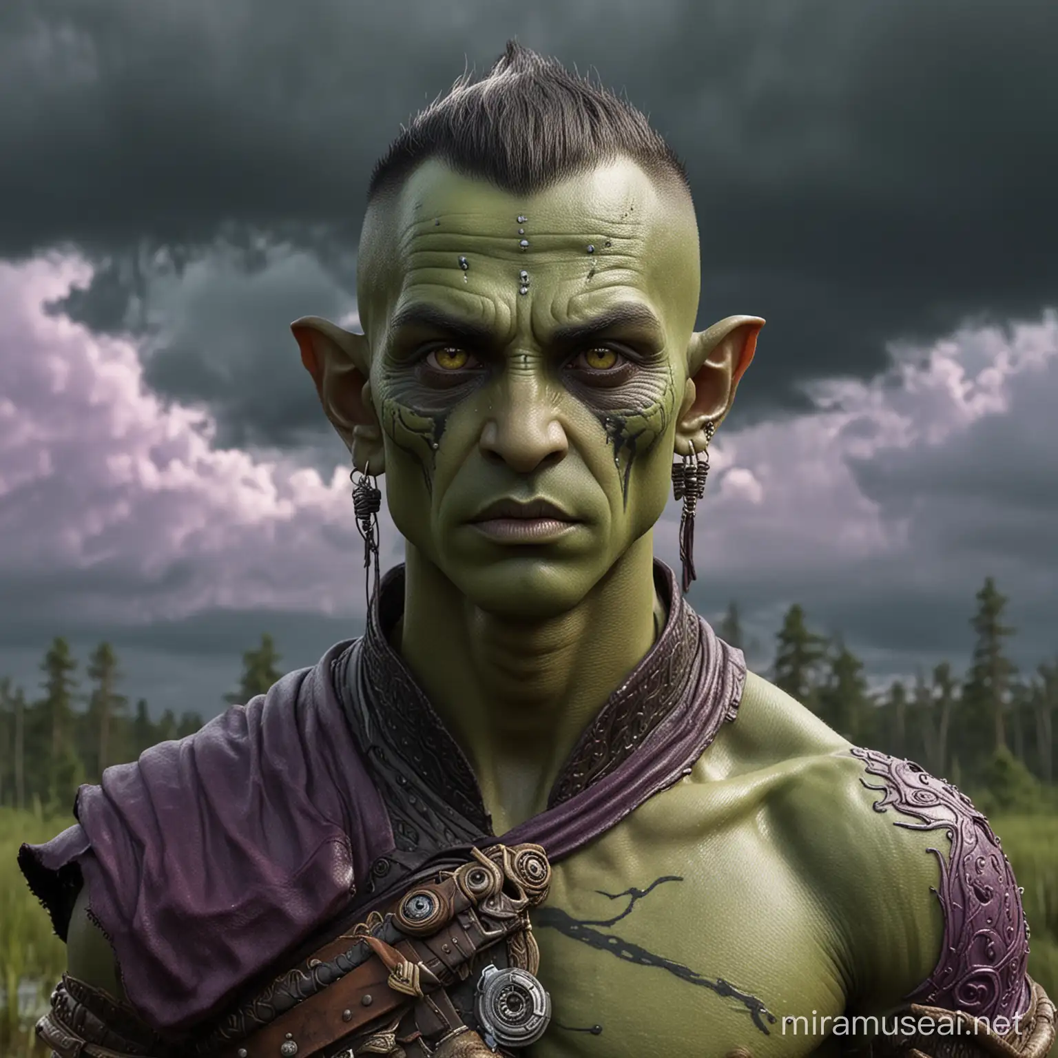 Hyperrealistic image of a tall extremely gaunt D&D style alien githyanki male monk wearing intricately detailed monistic clothing, martial arts battle stance,  yellow-green skin with many facial markings across his cheeks, flat snakelike upturned nose lays flush against his face, pointed ears held tight to his head, stringy long thin black mustache that extends to his chest, large piercing purple eyes, long thin fingers, in the background is a surreal multi-colored forested swamp, ominous grey and green clouds are in a dark sky. 