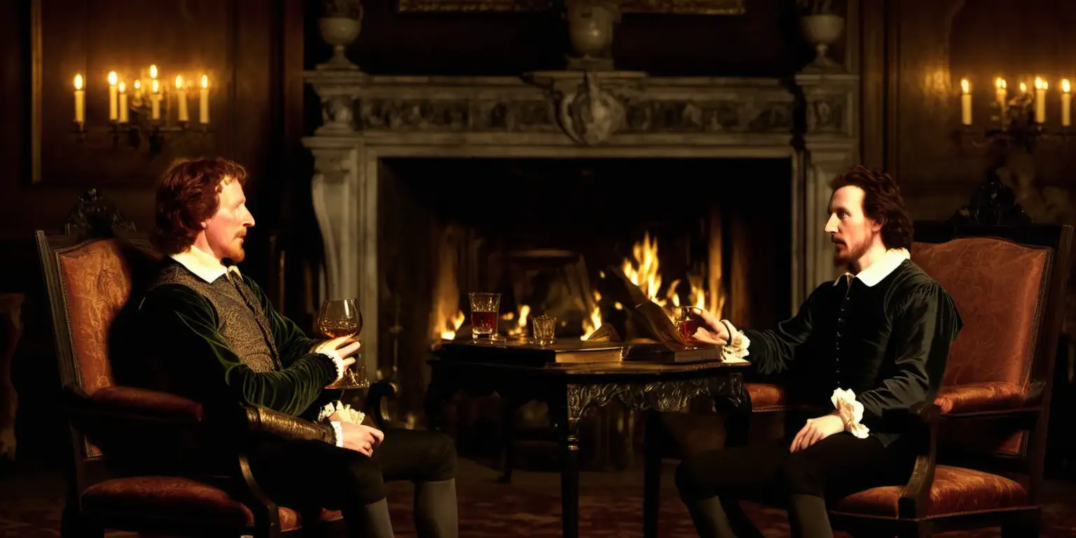 A photo of Robert Devereux and a 26-year-old William Shakespeare sat in grand armchairs either side of a roaring fire in a palatial room. It's dark, dimly lit by the fire light. a bottle of whisky and two glasses sit on a small table in front of the fire. the year is 1595