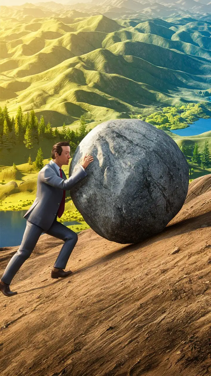 Create a 3D illustrator of an animated image which shows a long shot of a man dressed up like an professional, pushing down a huge round shaped rock from a sliding landscape. Beautiful landscape background illustrations.