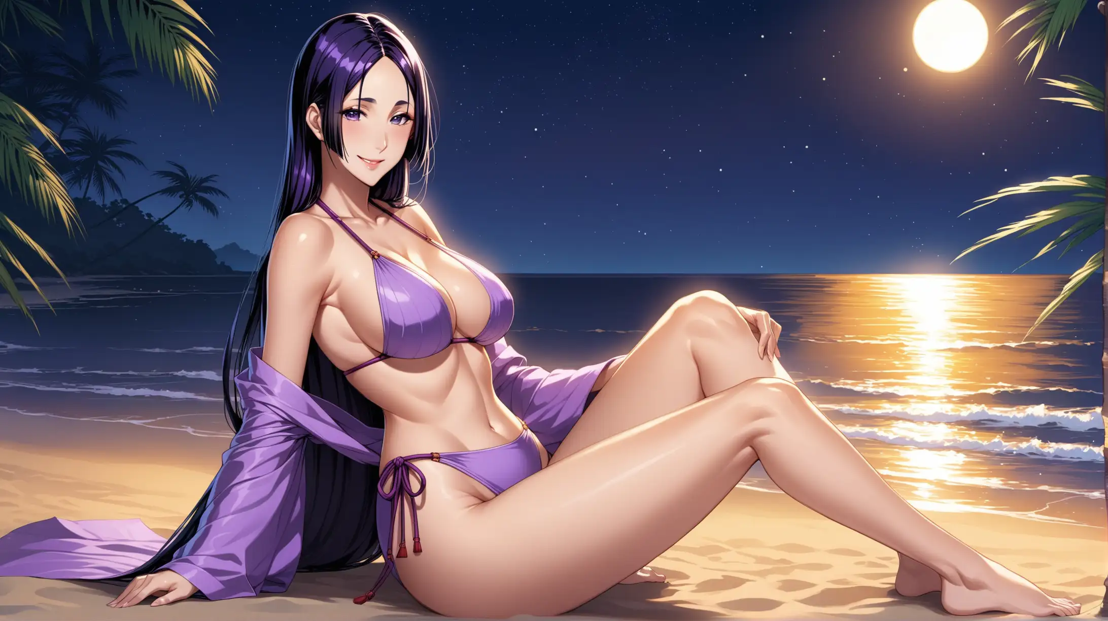 Draw the character Minamoto no Raikou, high quality, sitting on the beach, captivating pose, at night, wearing a swimsuit, smiling at the viewer