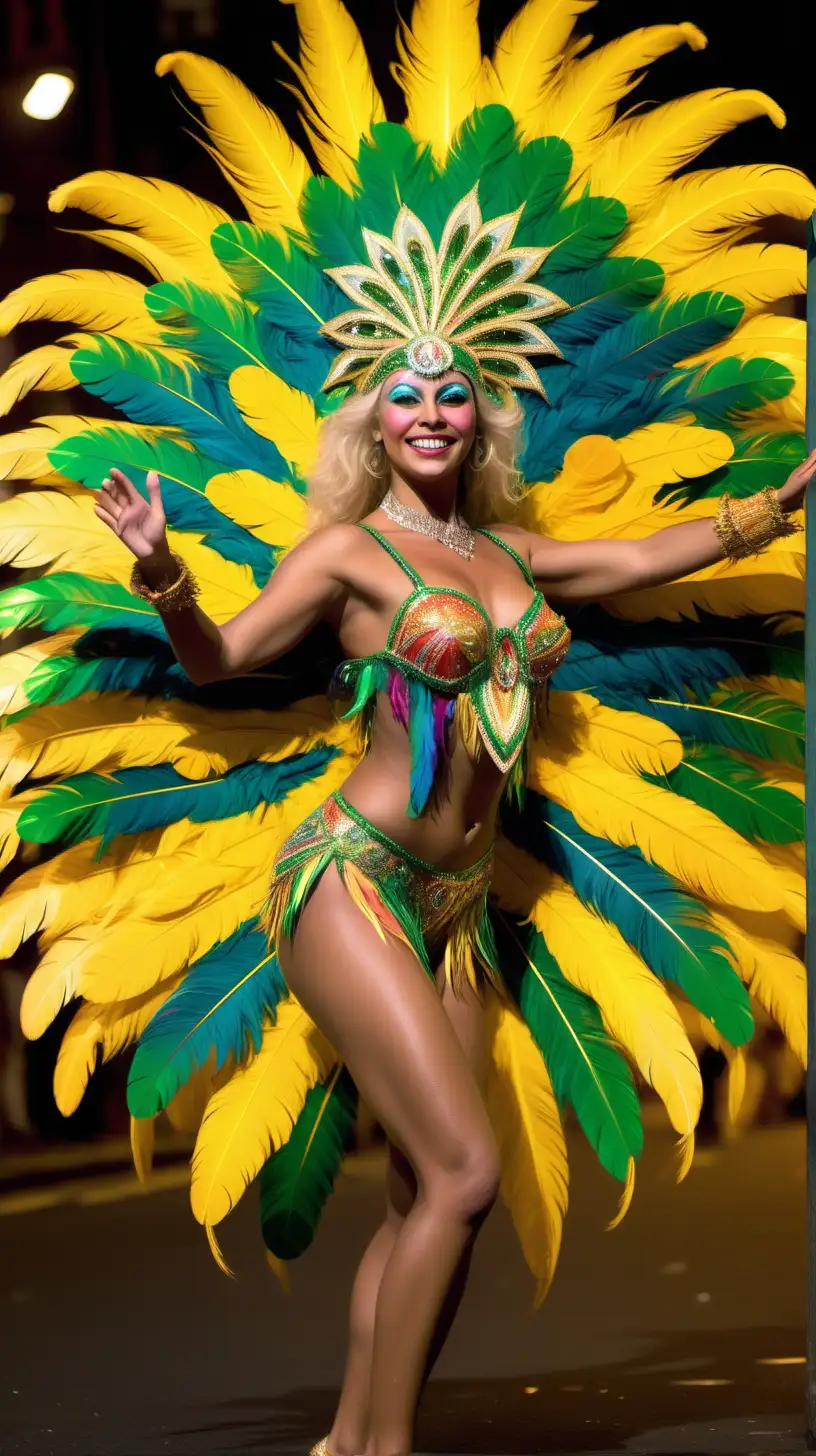 En el desfile de Carnaval, una joven rubia brasileña 1.80 de estatura deslumbra con su traje de samba multicolor, que brilla bajo las luces de neón. cuerpo exuberante,
 cascada de plumas con brillantes tipo oro amarillas y verdes, mientras que sus ojos verdes resaltan, añadiendo un misterio intrigante a su apariencia, baila en la pista procure que se vea bailando de cuerpo entero.