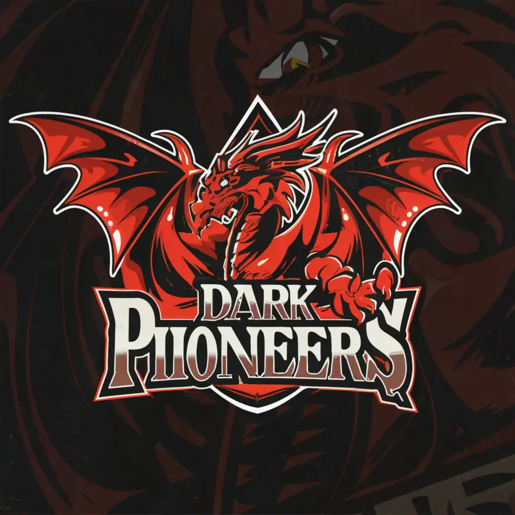 a logo design,with the text "DARK PIONEERS", main symbol:DRAGON,complex,clear background