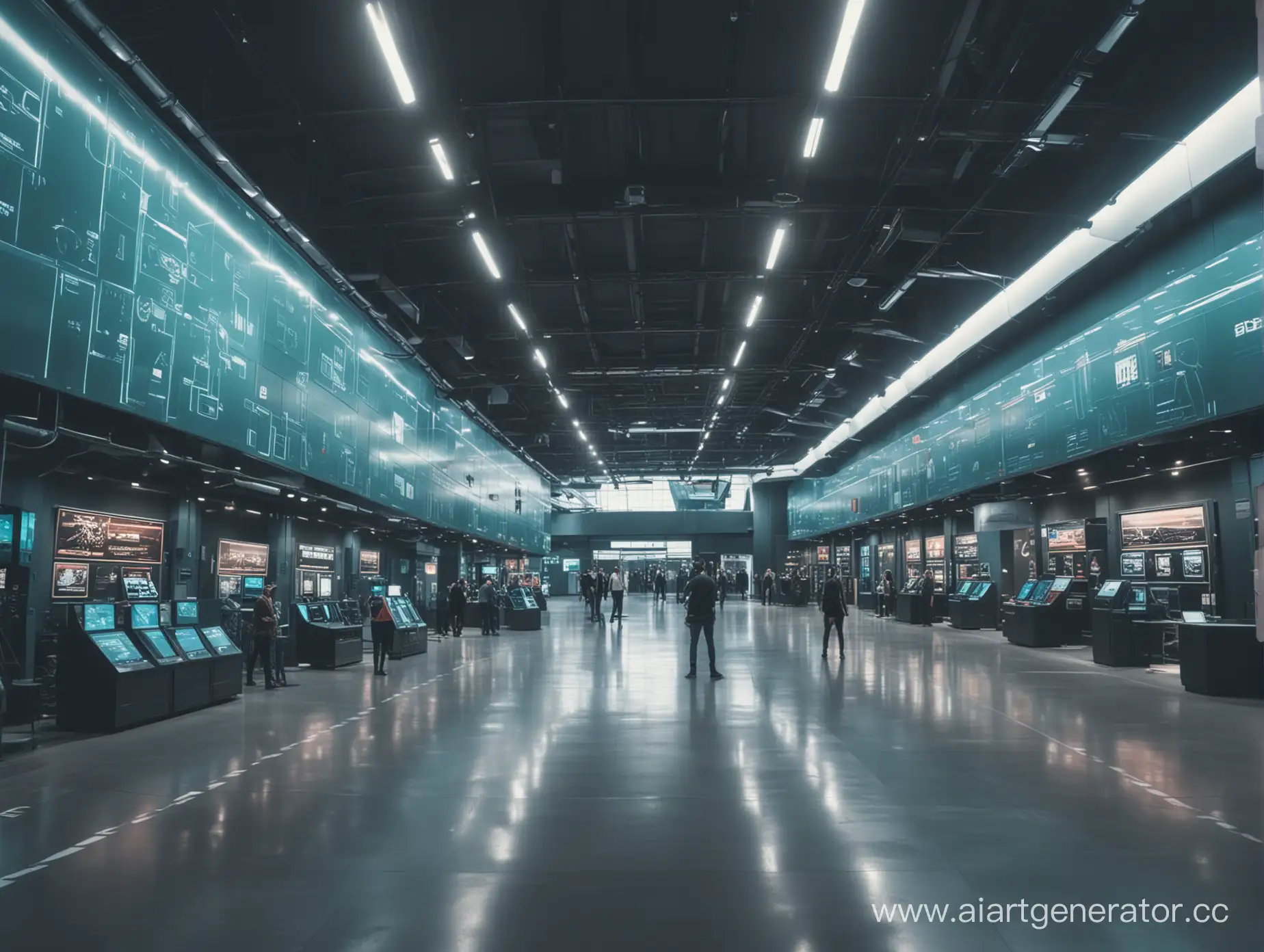 hitech museum, wide-angle shot, cool-toned color grading, sci-fi