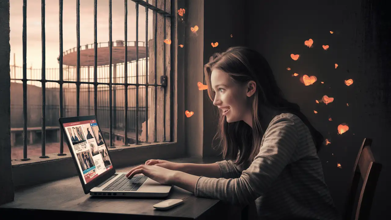 Young Woman Browsing Dating Profiles with Prison Bars Outside