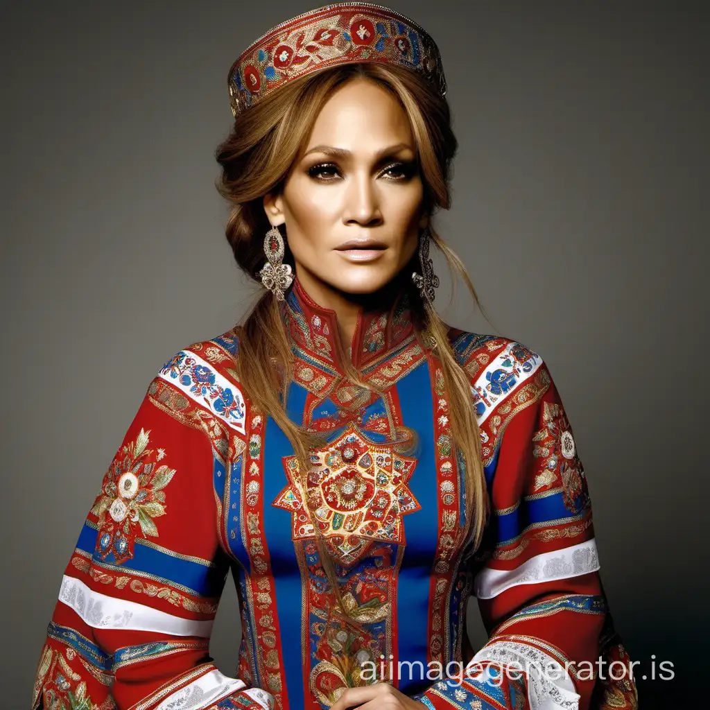 Jennifer Lopez in Russian folk dress with Russian flag