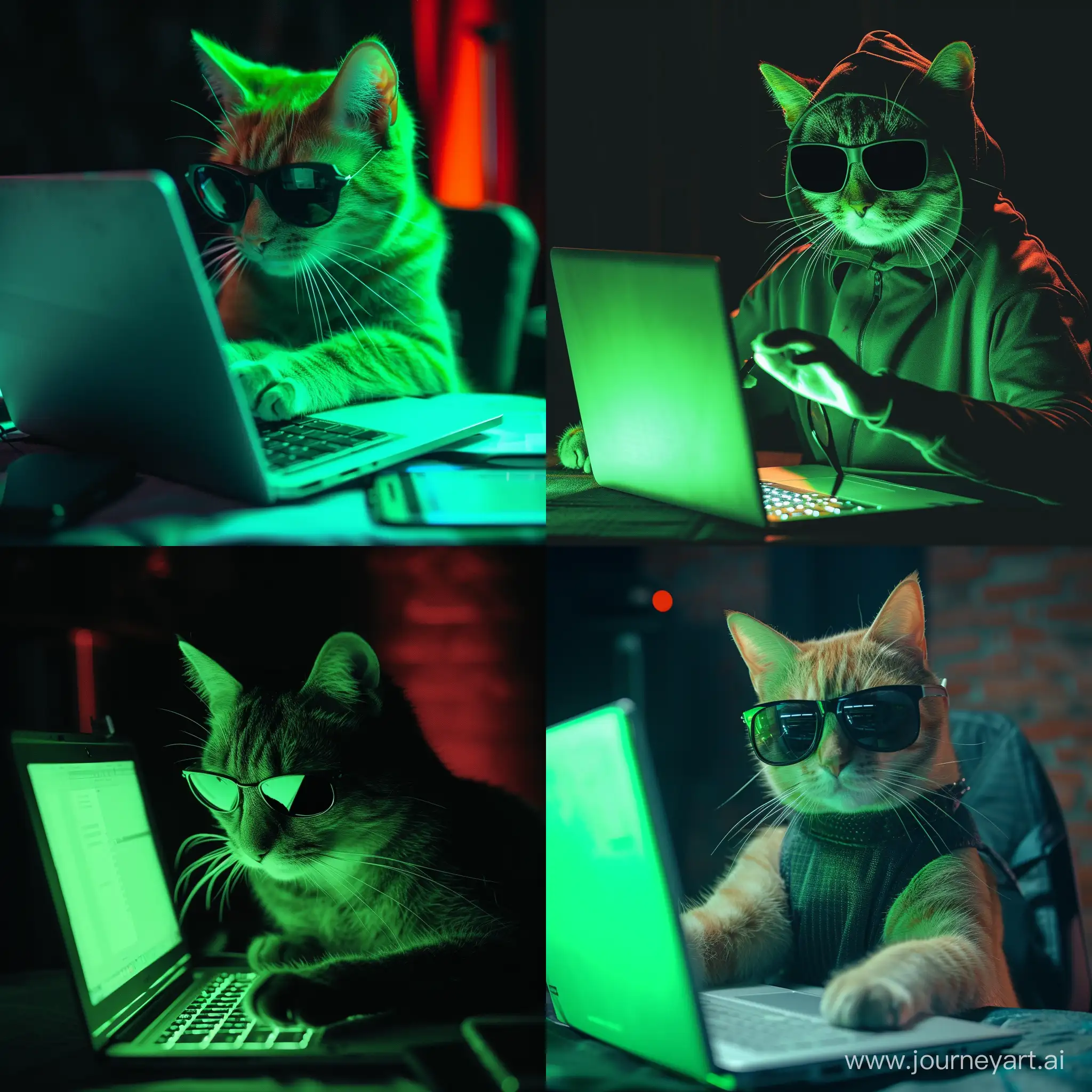 Cat hacker working on laptop, black sun glasses, green lighting 