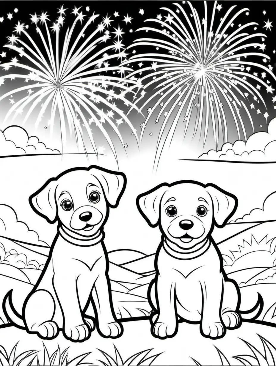 Coloring book page for young child, 2 Puppies Watching Fireworks: Sitting on a hill, watching a spectacular fireworks display in the sky, no bleed, Coloring Page, black and white, line art, white background, Simplicity, Ample White Space. The background of the coloring page is plain white to make it easy for young children to color within the lines. The outlines of all the subjects are easy to distinguish, making it simple for kids to color without too much difficulty