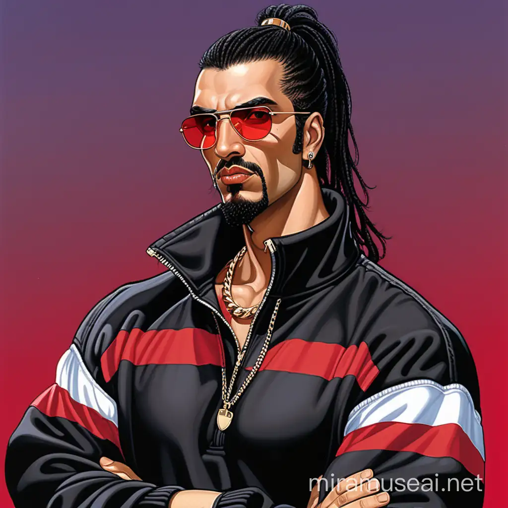 Guy with a black greasy Mullet, Chest hair, wearing a black tracksuit with white and red stripes on the sleeves, he has a bushy goatee, a gold chain, he looks serious with a gold tooth, he has a big nose, and is very bulky with a very bad sunburn, He wears 90's all black glass completely square shades, PS2 90's art style, full muscular body, Long sleeve tracksuit with red lines on sleeves and popped collar, Romanian,
