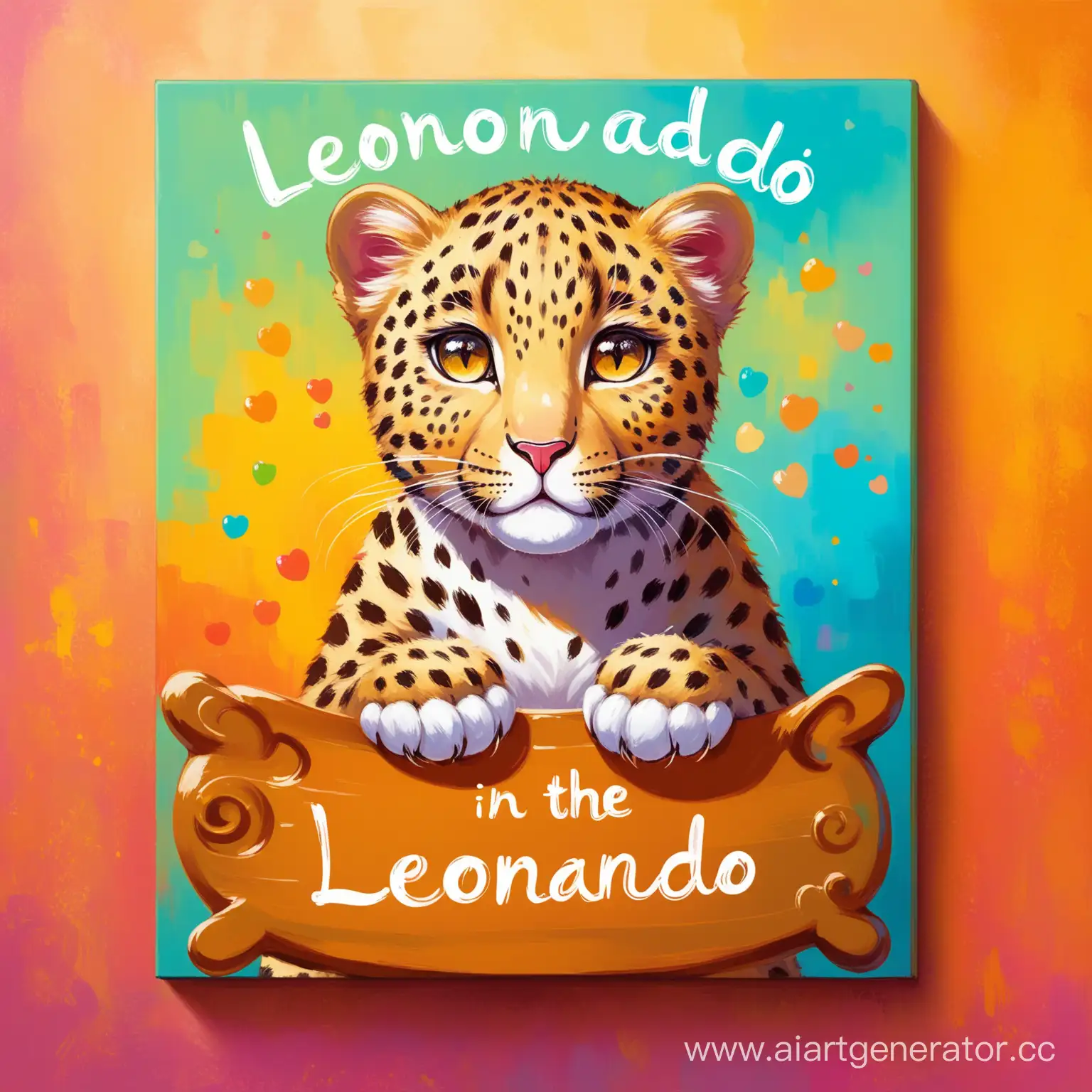 масляная живопись, милый леопард, разноцветный фон, на фоне надпись "леонардо"